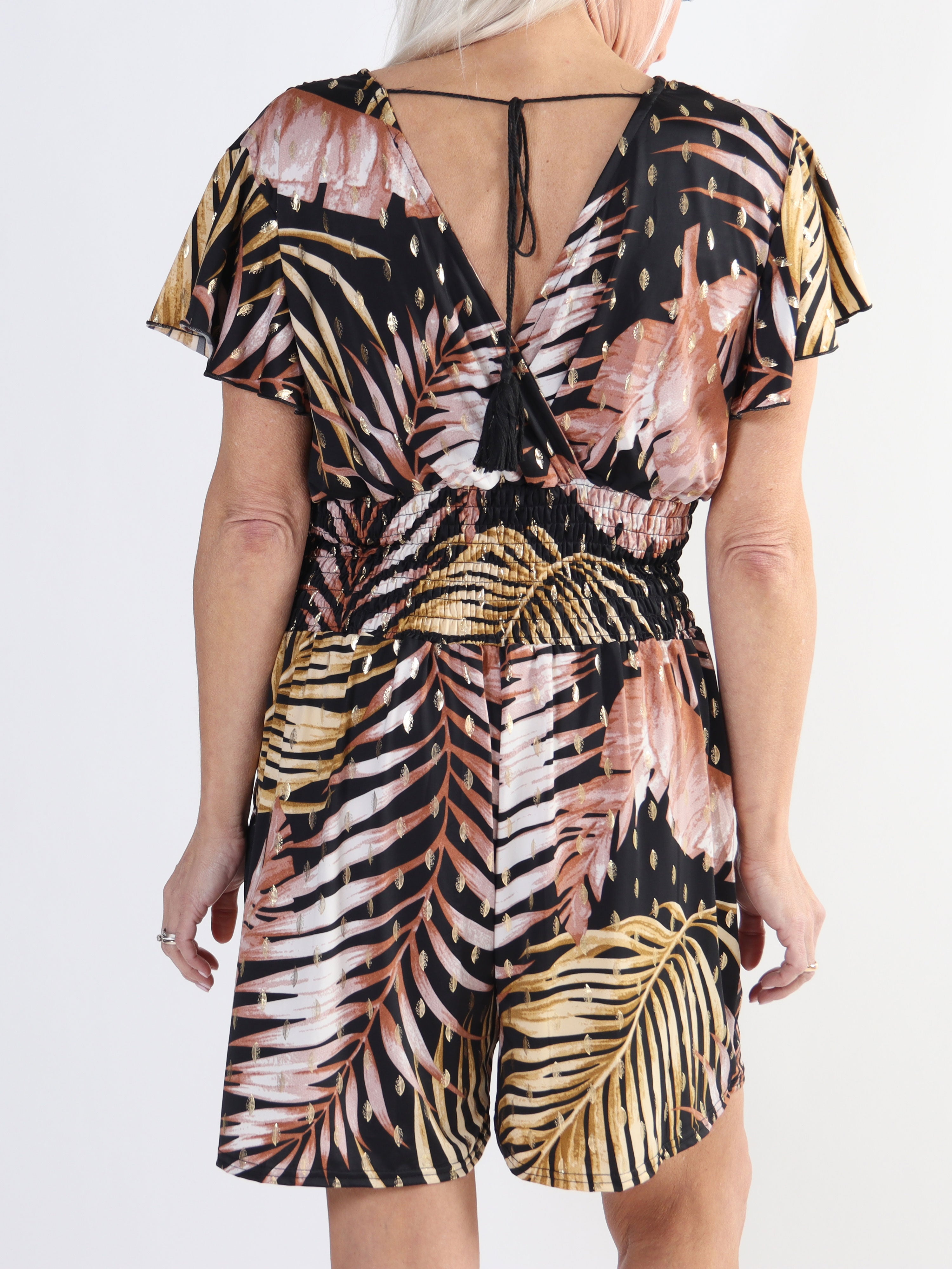 Pams Leaf Playsuit O/B - Mønstret plus size elastisk buksedragt